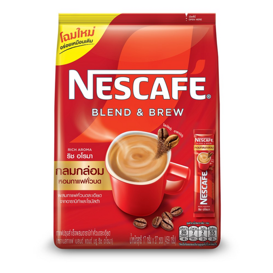 TH-CF-008 NESCAFE เนสกาแฟ กาแฟปรุงสำเร็จ เบลนด์แอนด์บลูร ิชอะโรมา Cà phê hòa tan Nescafe Blend &amp; Brew Aroma 17 gram x 27 que